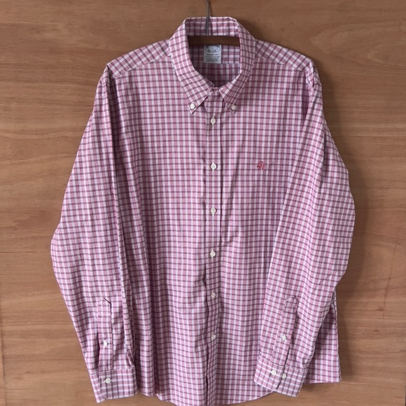 Brooks Brothers Regent Fit Oxford button down shirt men's sz L plaid pink cotton - Picture 2 of 6